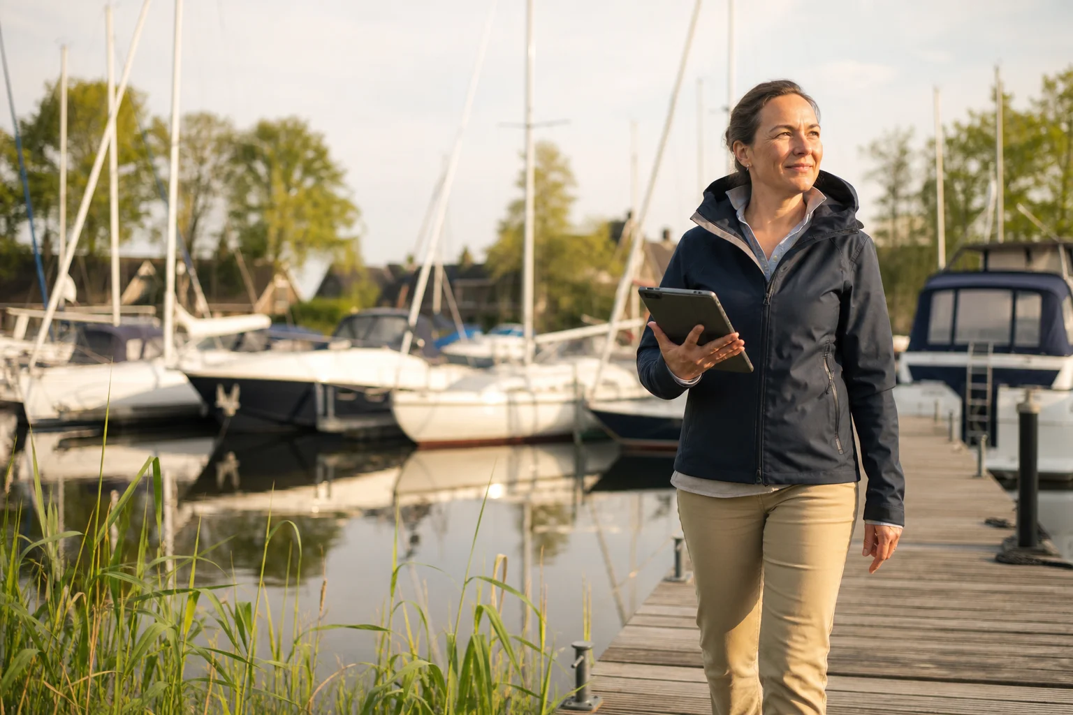 Beheerder loopt langs ligplaatsen in de jachthaven met tablet in de hand